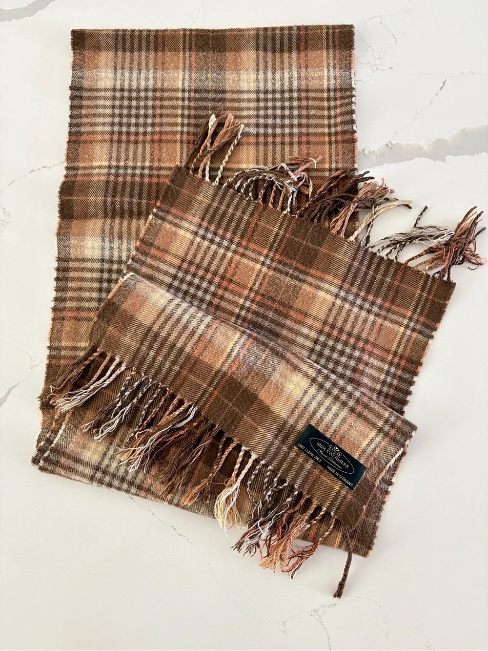 Cashmere Made in Germany Plaid Scarf in Brown Blue & Pink 12X63